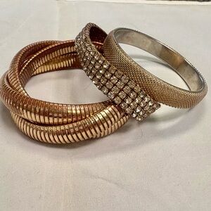 Gold Tone Bracelet Stack – 3pc (Coil Wrap, Rhinestone Stretch, Textured Bangle)